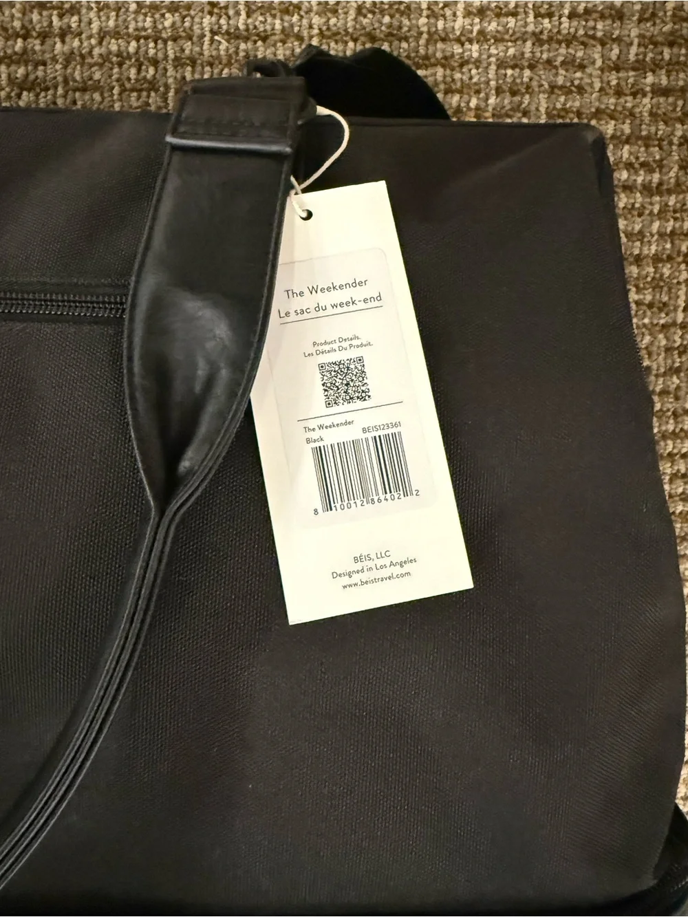 Brand new BEIS Black Weekender Duffel with Padded Leather Strap